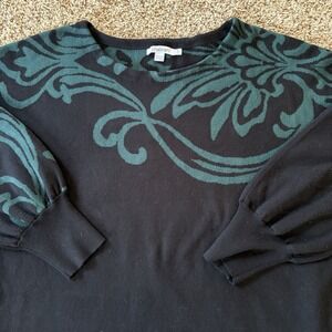 Chico's Black Teal Scroll Print Knit Top Size 2 Large Long Sleeve Pullover Soft